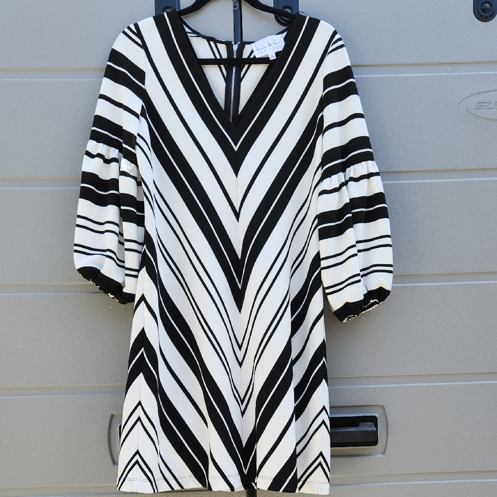 Nicole Miller Black and White Stripe Midi Dress Size 10